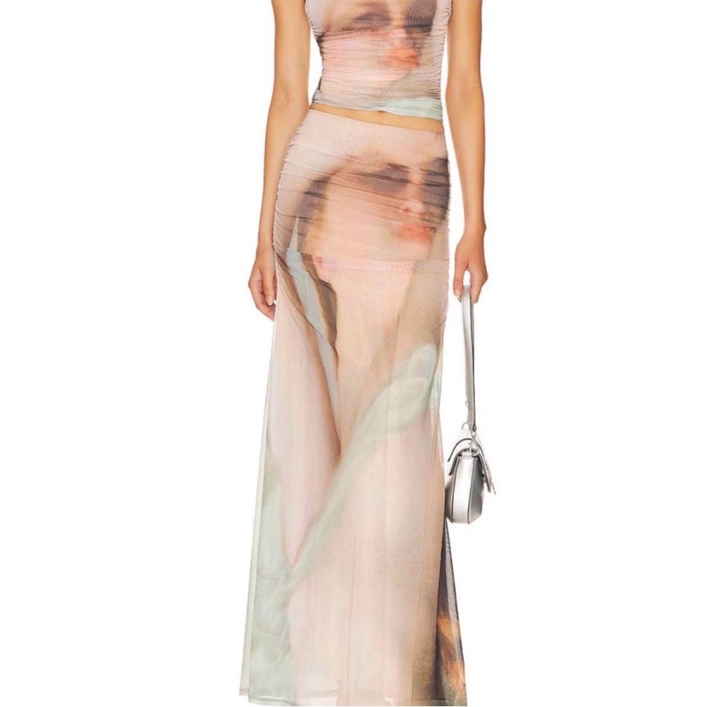 Long Sleeve Mesh Shirt & Maxi Skirt Set in Nude Portait/Soft Pastels